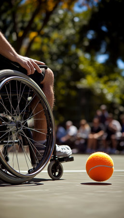 Wheelchair Athlete Prepares to Serve in Tennis Match, Showing Determination and Skillの素材