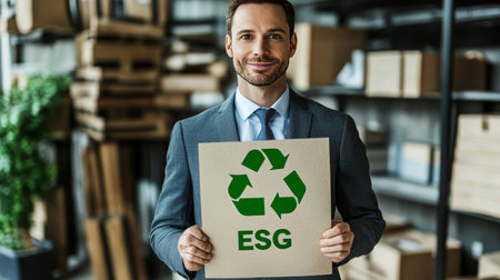 Confident Businessman Holding ESG Sign With Recycling Symbol, Emphasizing Sustainabilityの素材