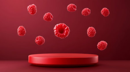 Red Raspberries Floating Around A Circular Red Platform On A Matching Red Background.の素材