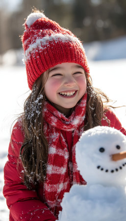 Pure Winter Joy Girls Laughter Brightens Snowy Day as She Builds Snowman in Winter Wonderland.の素材