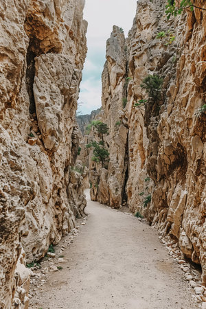 Narrow Hiking Trail Through Rugged Rock Formations, Canyon Landscape With Dramatic Stone Wallsの素材