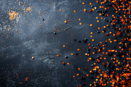 Black and Orange Confetti Scattered on Dark Textured Background, Halloween Celebration Concept.の素材