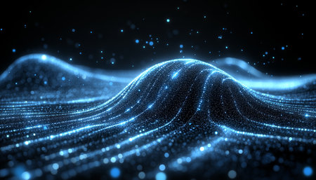 Abstract Dark Blue Energy Wave Background, Glowing Particles, Fluid Dynamic Design, Digital Artの素材