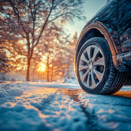 Close-up of Winter Tire on Snowy Road with Car at Sunset, Winter Driving Safety Conceptの素材