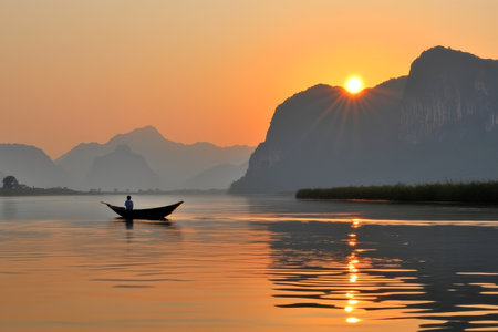 Scenic Serenity, Thailand Lone Fisherman at Sunset with Silhouetted Mountains and Tranquil Watersの素材