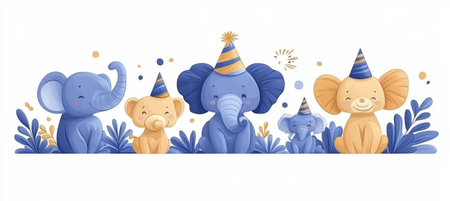 Cute Cartoon Elephants and Lion Cub with Party Hats, Celebrating Birthday, Watercolor Illustrationの素材