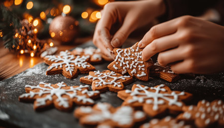 Woman Places A Beaded Star-Shaped Christmas Cookie on a Platter of Fresh Baked Cookies.の素材