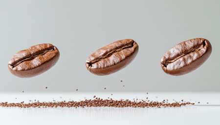 Three Roasted Coffee Beans Hovering Above a Pile of Freshly Ground Coffee on a White Backgroundの素材