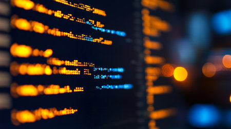 Software Development Code in Orange and Blue on Dark Monitor Display, Cybersecurity Conceptの素材