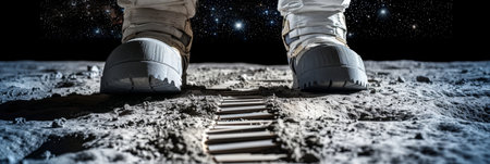 Lunar Surface Exploration Astronauts Boots on the Moon with Trail Marks, Under a Starry Skyの素材