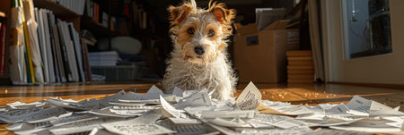 Cheeky Little Dog Makes Mess of Home Office, Surrounded by Scattered Papers on Floor.の素材