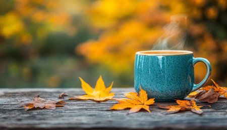 Steaming mug and autumn leaves on a rustic wooden table. Cozy fall background with space for text.の素材