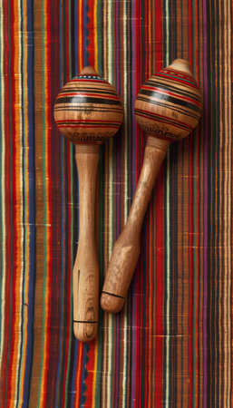 Pair of Traditional Wooden Maracas on a Vibrant Multicolored Striped Textile Background.の素材