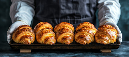 Freshly Baked Croissants Baker Presents Rows of Golden Brown Pastries on Tray, Close-Upの素材