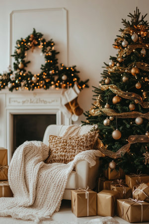 Cozy Christmas Fireplace Scene, Decorated Christmas Tree, Gifts, Knit Blanket, and Garlandの素材