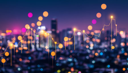 Cityscape At Night With Stock Market Graph Overlay, Representing Investment Opportunity.の素材