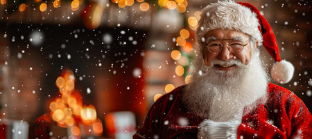 Joyful Santa Claus Smiling in Front of Christmas Lights, Embracing the Holiday Spiritの素材