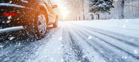 Close-up View of Car Tire on Snowy Road, Winter Driving Safety in Snowfall with Morning Sunlightの素材