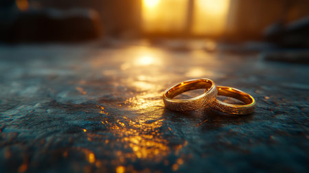 Golden Wedding Rings on Magical Golden Hour Background with Copy Space for Text Placementの素材