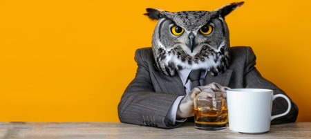 Owl in Business Suit with Drink on Colorful Background Conceptual Business Metaphorの素材
