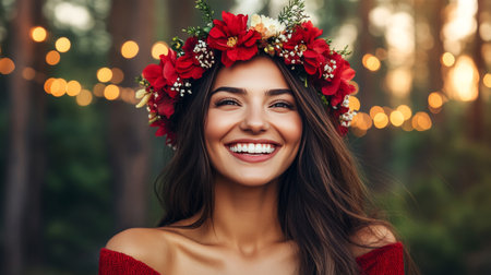 Enchanted Forest Portrait Woman with Flower Crown, Twinkling Lights, and a Dreamy Atmosphereの素材