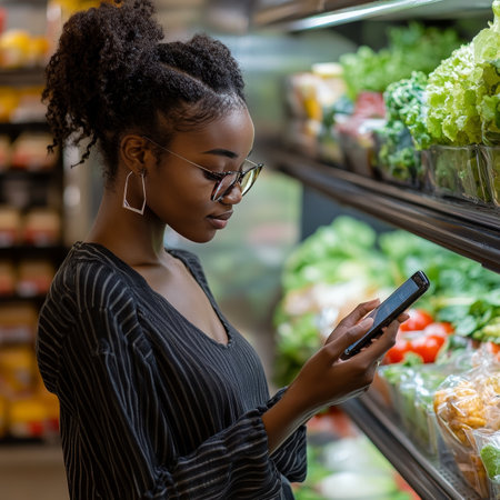 Young Woman Using Smartphone for Grocery Shopping, Exploring Organic Food Choices in Supermarketの素材