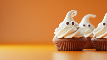 Three Adorable Halloween Ghost Cupcakes Decorated with Whipped Cream on Orange Backgroundの素材