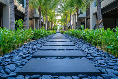 Luxury Hotel Pathway, Tropical Garden Walkway with Palm Trees and Modern Architectureの素材