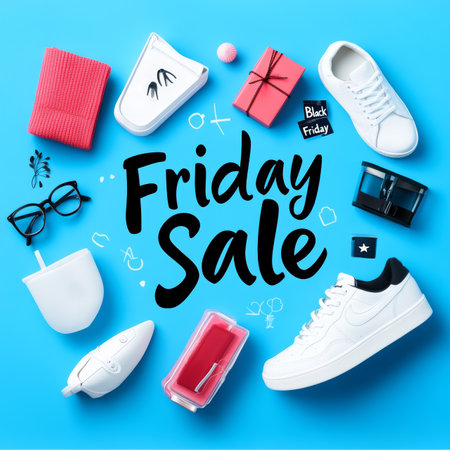 Flat Lay of Fashion and Lifestyle Products for Friday Sale on Blue Background, Top Viewの素材
