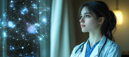 Female Doctor with Stethoscope Pondering Advancements in Connected Healthcare Network Visualizationの素材