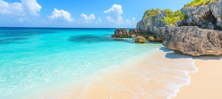 Tropical Idyll Turquoise Ocean Waves Gently Lapping on the Sandy Shore of a Secluded Coveの素材