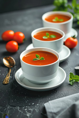Three Bowls of Fresh Tomato Soup Garnished with Basil on Dark Background with Tomatoes and Herbsの素材