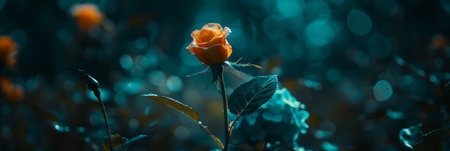 A single orange rose bloom stands tall amidst a dreamlike blue hues of garden backgroundの素材