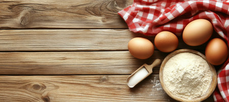 Rustic Baking Ingredients Fresh Eggs, Flour, Salt on a Wooden Table, Top View with Copy Spaceの素材