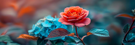 Vibrant Orange Rose in Full Bloom, Complemented by Blue Hydrangea and Soft, Dreamy Bokeh.の素材
