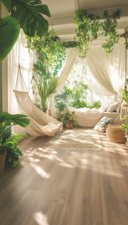 Urban Jungle Cozy Bedroom Interior with Plants, Hammock, and Sunlight Streaming Through Windowsの素材