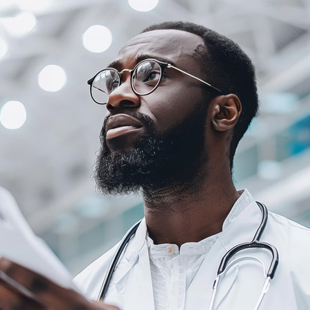 Focused African American Male Doctor Reviews Patient Chart, Contemplating Diagnosis in Busy Hospitalの素材