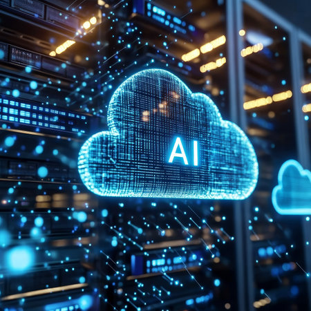 AI Cloud Computing, Artificial Intelligence, Glowing Cloud Icon in Server Room, Big Data Analysisの素材