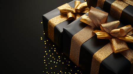 Black gift boxes with gold ribbons, a festive composition for Christmas, New Year, or birthday.の素材