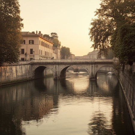 Sunset on the River Tiber A Picturesque View of Historical Architecture in Rome, Italyの素材