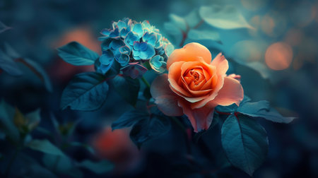 Vibrant Orange Rose and Blue Hydrangea on a Deep Green Background, Contrasting Colorsの素材