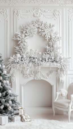 Charming holiday postcard mockup featuring christmas decor, cozy armchair, and elegant room designの素材