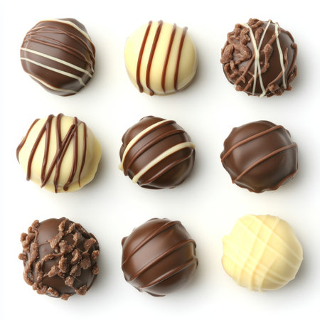 Assortment of nine delicious dark, white, milk ,and decorated chocolate candies, isolatedの素材