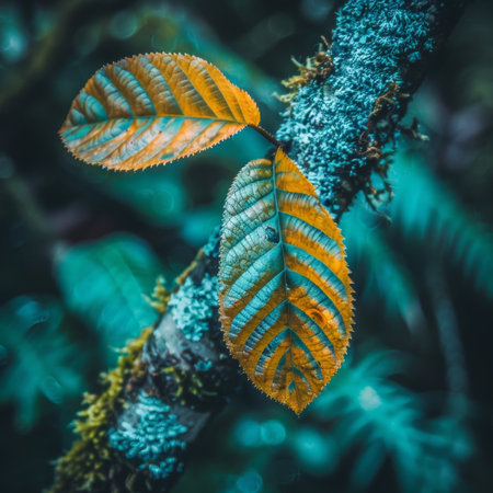 Golden Yellow Leaves, Touched by Autumn, Cling to a Vibrant Mossy Branch in the Forestの素材