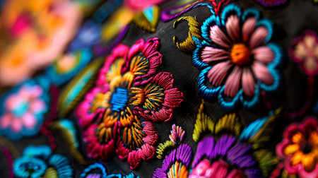Vibrant Hispanic Heritage Close Up of Colorful, Intricate Floral Embroidery on Fabricの素材