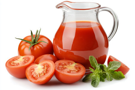 Refreshing Tomato Juice in Glass Pitcher Surrounded by Fresh, Ripe Tomatoes on White Backgroundの素材