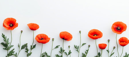 Minimalistic Floral Pattern, Red Poppy Flowers on White Textured Background with Copy Spaceの素材