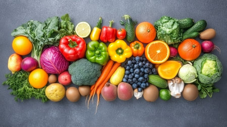 Rainbow of Colorful Fresh Organic Fruit and Vegetable Variety on Dark Background, Top Viewの素材