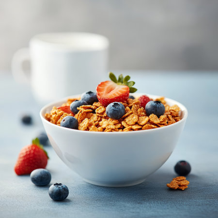 Bowl of Cornflakes Cereal Topped with Fresh Blueberries, Strawberries, with Cup in Backgroundの素材
