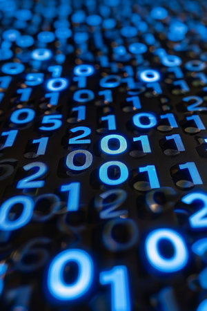 Binary Code Stream Blue Digits Flowing in Digital Space, Abstract Technology Backgroundの素材